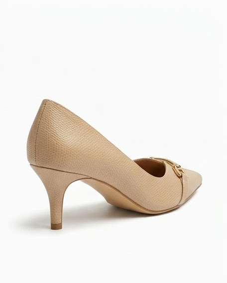 VIVACE Daria nude textured pump showing the closed back and kitten heel, rear three-quarter view