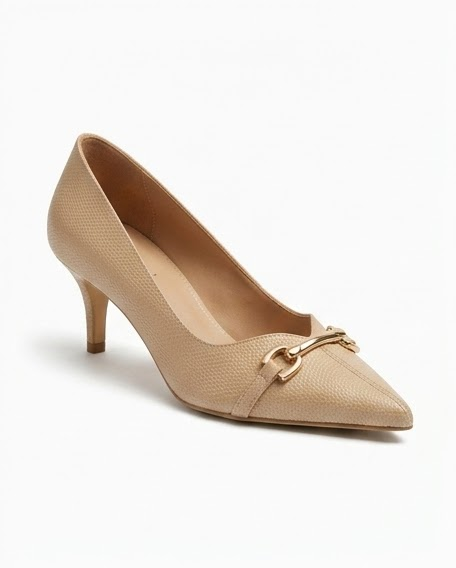 VIVACE Daria nude textured pointed-toe pump with gold-tone horsebit, front three-quarter view