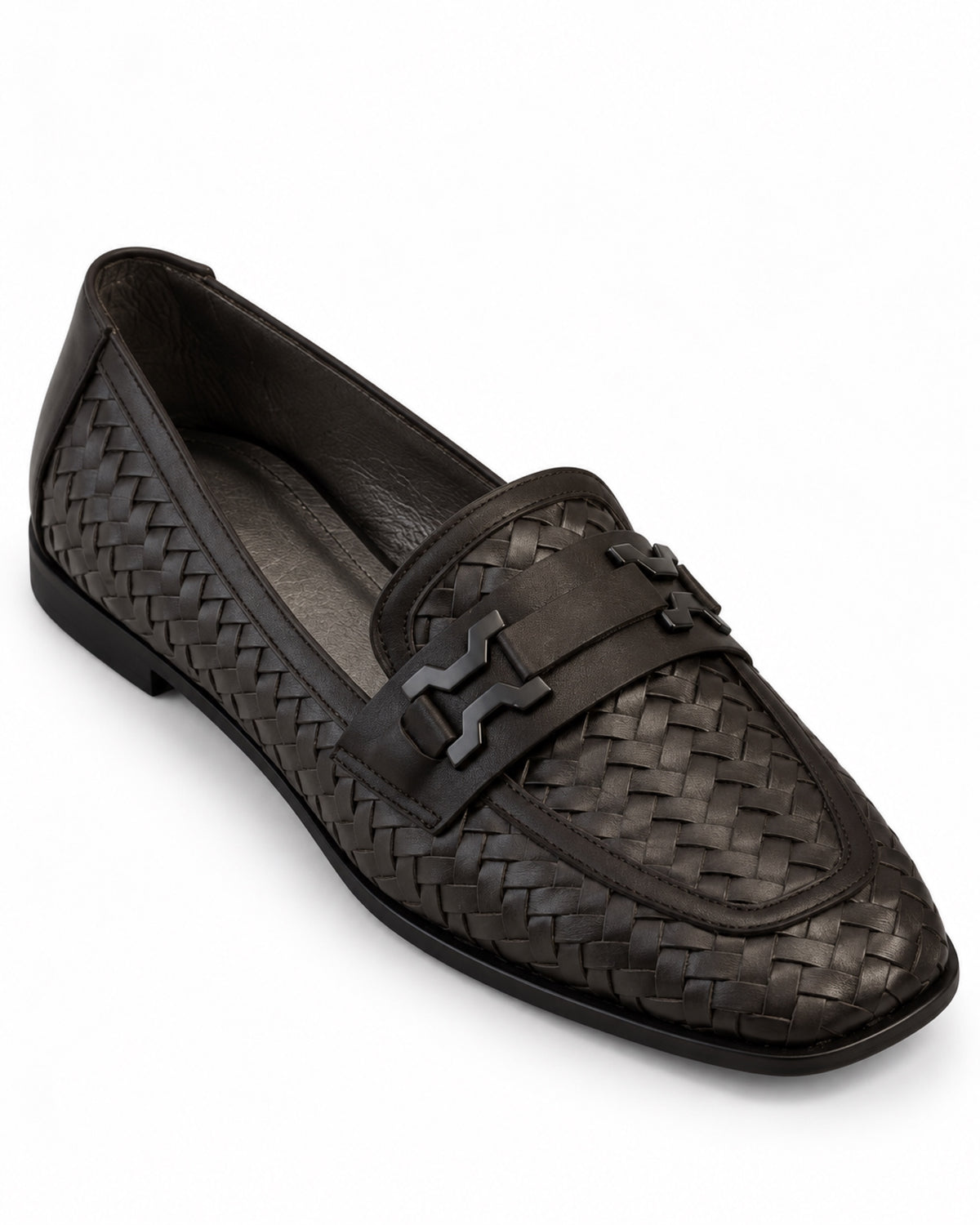 Romy Woven Loafer by VIVACE, three-quarter front view showing the woven upper and hardware detail.