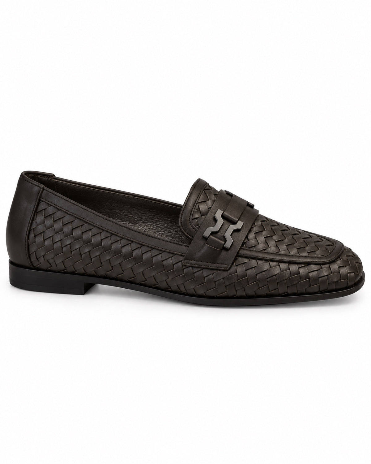 Romy Woven Loafer by VIVACE, complete side profile showing the woven upper and low heel.