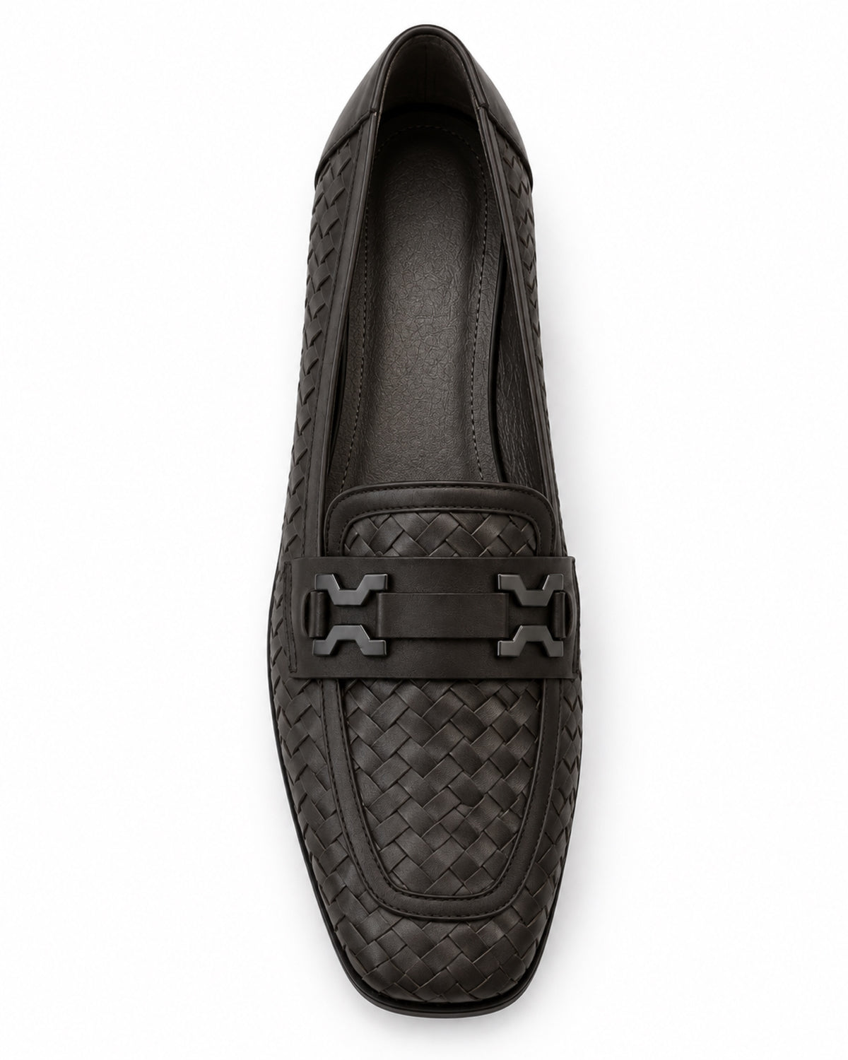 Romy Woven Loafer by VIVACE, overhead view showing the insole, hardware and softly squared toe.