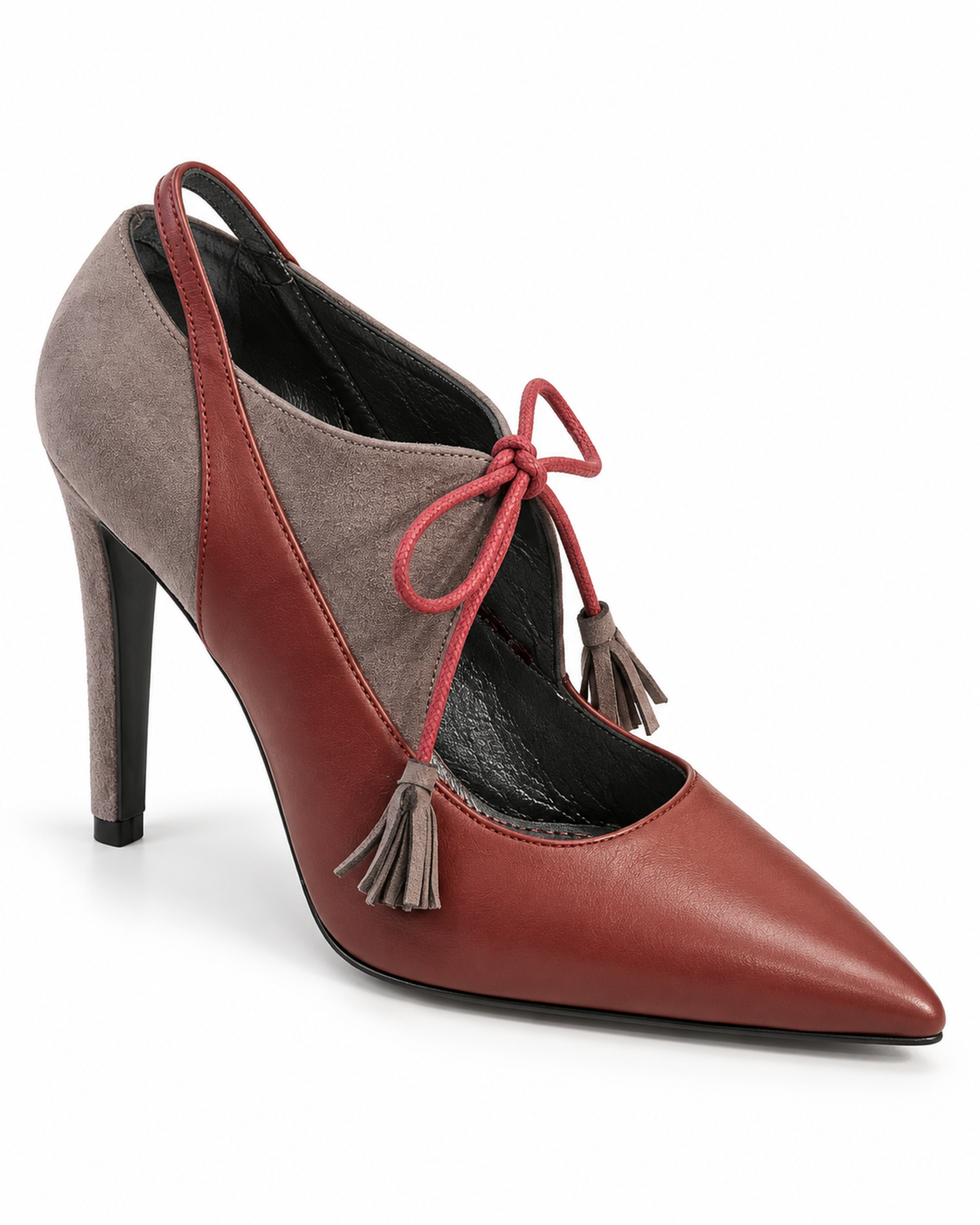 Séverine Tassel Pump in Burgundy / Grey by VIVACE, three-quarter front view