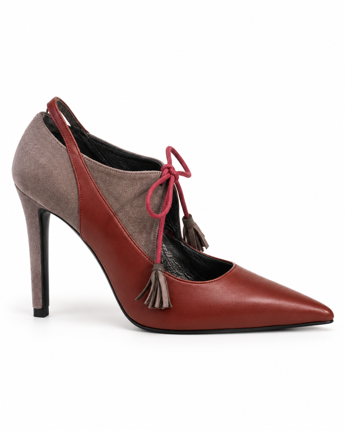 Séverine Tassel Pump in Burgundy / Grey by VIVACE, side profile