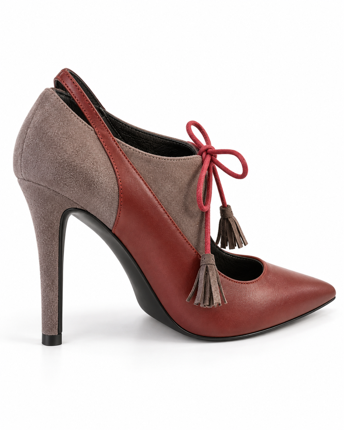 Séverine Tassel Pump in Burgundy / Grey by VIVACE, three-quarter back view