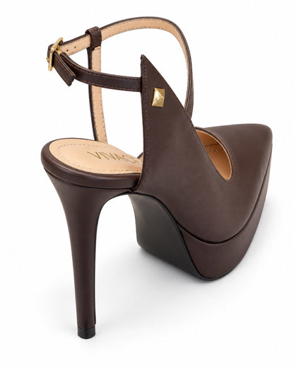 Three-quarter back view of the VIVACE Celestine platform pump in brown, showing the open heel, ankle buckle and slender stiletto.