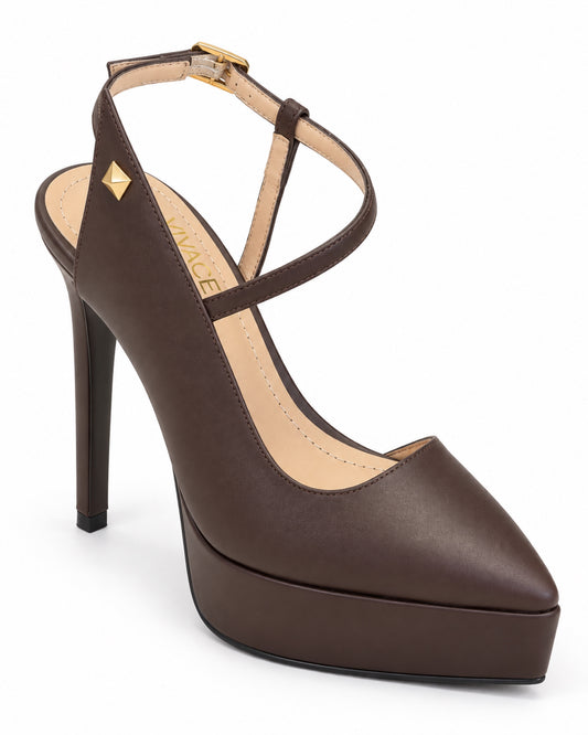 Three-quarter front view of the VIVACE Celestine platform pump in brown, with pointed toe, ankle strap and decorative metal stud.