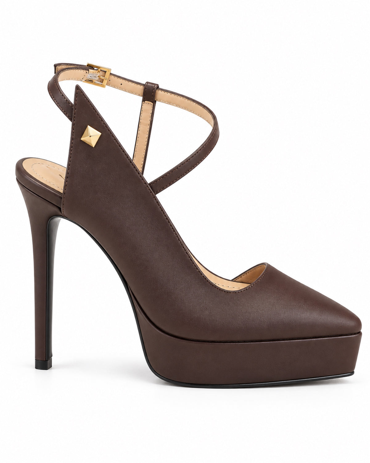 Side profile of the VIVACE Celestine platform pump in brown, showing its pointed toe, asymmetric side panel and 13.5 cm stiletto heel.