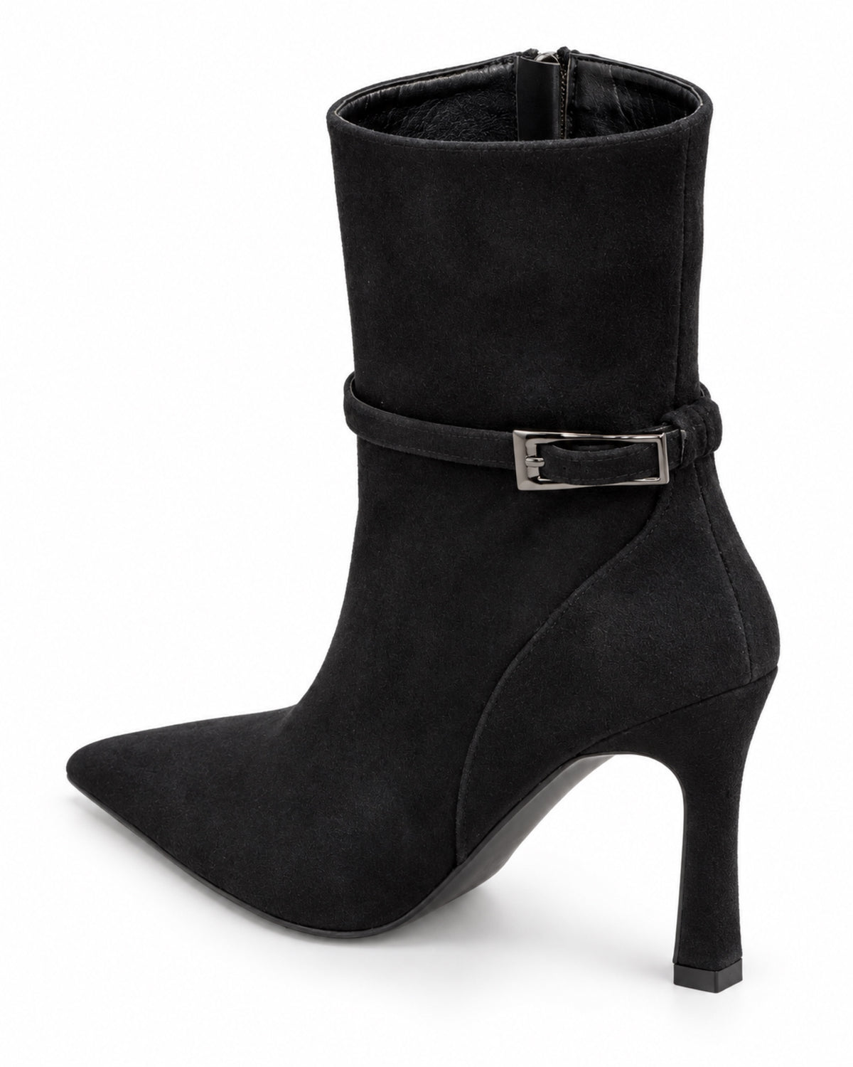 Vivienne Suede Buckle Ankle Boot in black by VIVACE, three-quarter back view showing the heel and curved side stitching.