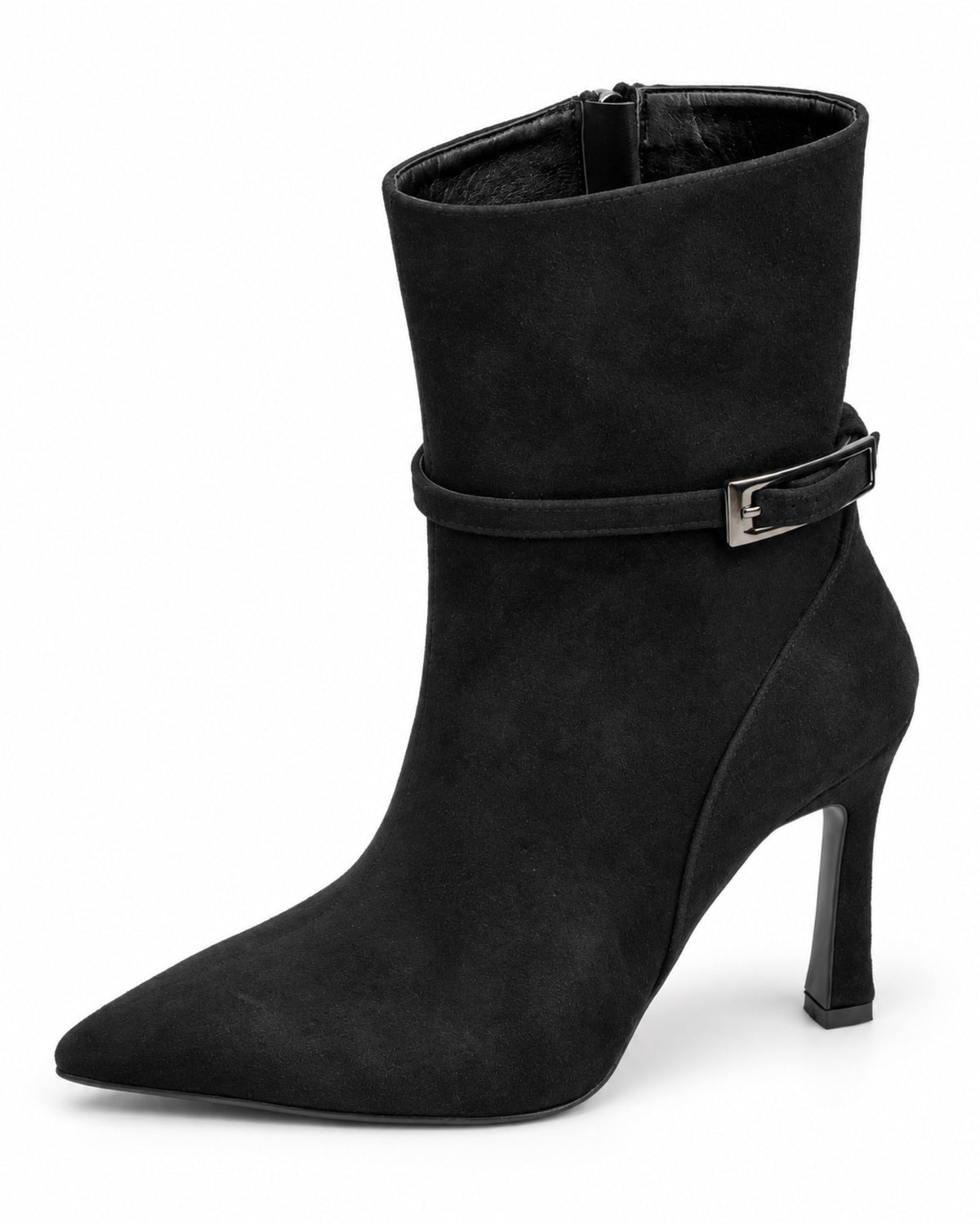 Vivienne Suede Buckle Ankle Boot in black by VIVACE, three-quarter front view showing the pointed toe and silver-tone buckle.