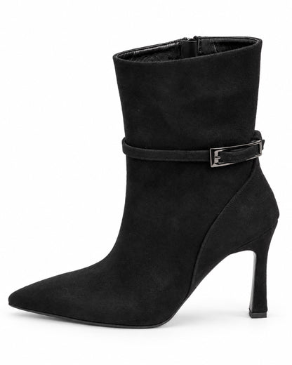 Vivienne Suede Buckle Ankle Boot in black by VIVACE, side profile showing the pointed toe, ankle buckle and 9 cm heel.