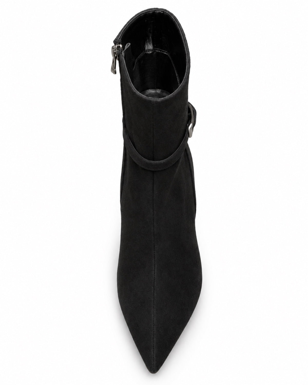 Vivienne Suede Buckle Ankle Boot in black by VIVACE, top view showing the pointed toe, boot opening and black lining.