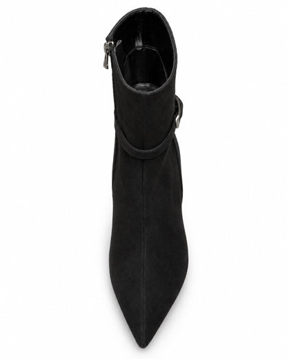 Vivienne Suede Buckle Ankle Boot in black by VIVACE, top view showing the pointed toe, boot opening and black lining.